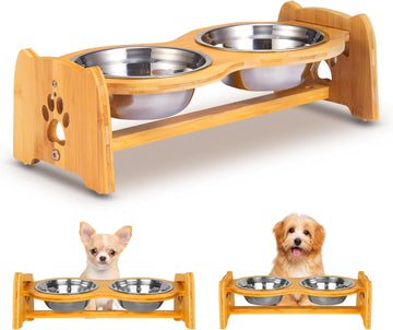 Elevated Dog Bowls for Cats and Dogs, Adjustable Bamboo Raised Dog Bowls for Small Dog, Food and Water Set Stand