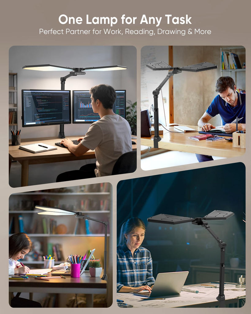 36W LED Desk Lamp with Clamp, Dual-Head Architect Lamp with Remote, Black