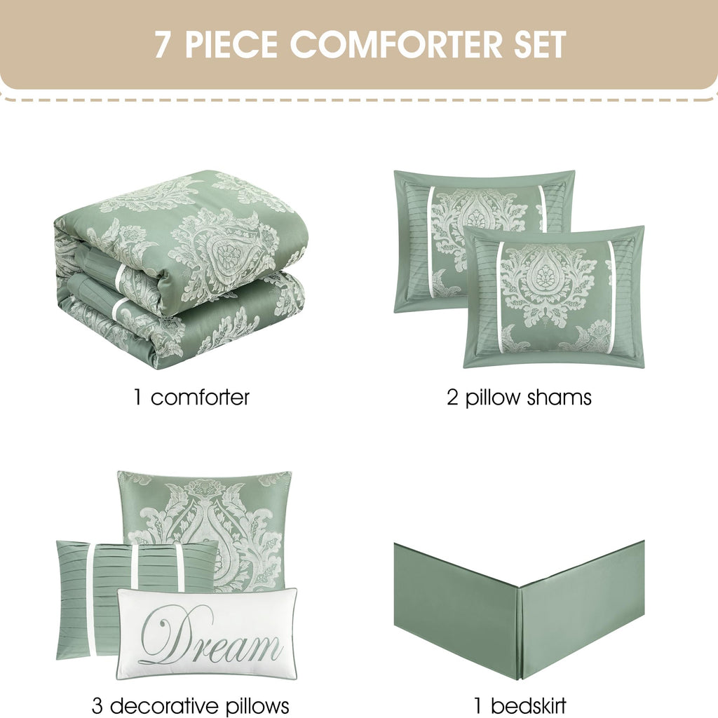 Sage 7PC Comforter Set, Jacquard with Matching Solid Piecework Bedding Set, All Season
