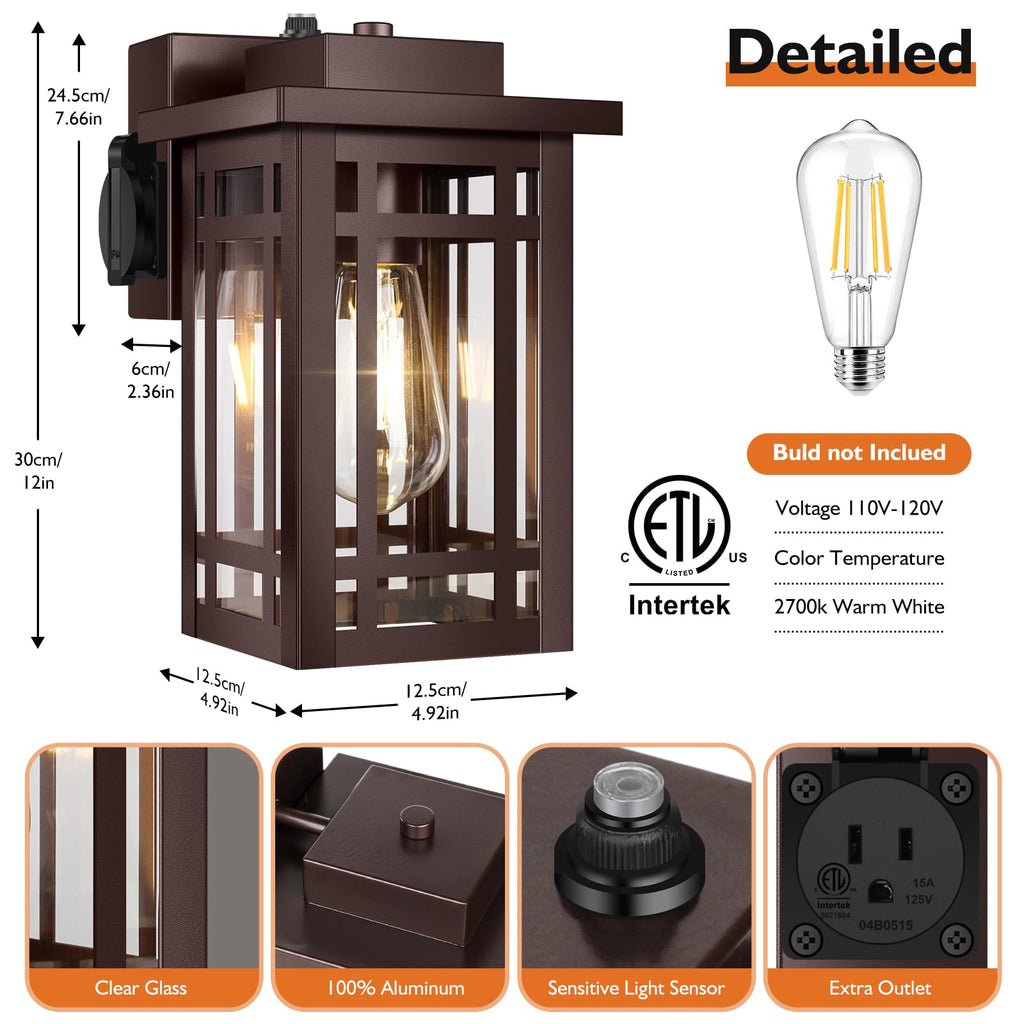 2-Pack Outdoor Porch Lights with Outlet, Dusk to Dawn Modern Outdoor Wall Lights Exterior Lighting Fixtures