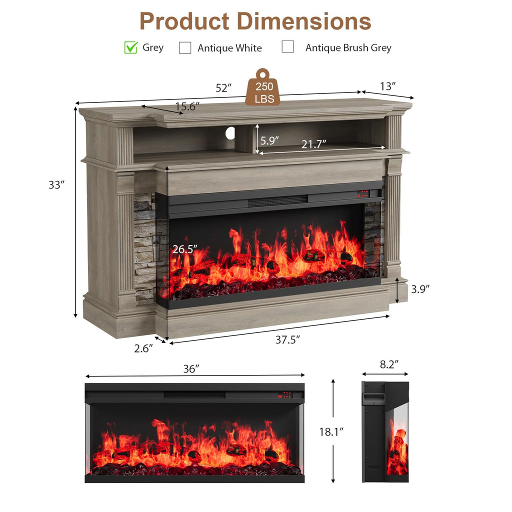 Fireplace TV Stand for TVs up to 65", Farmhouse 52" Fireplace Entertainment Center with 36" 3-Side Glass Electric