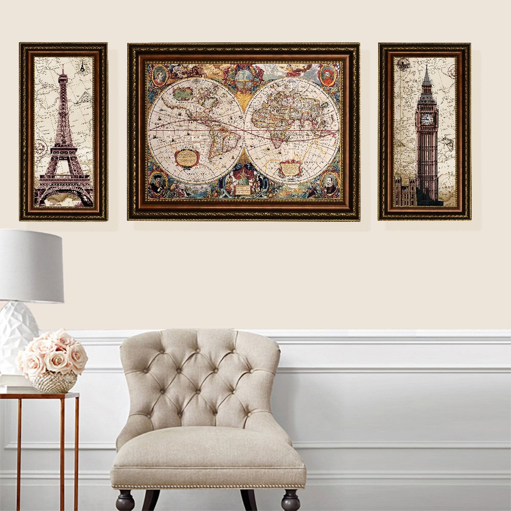 Old Vintage World Map Oil Painting Reproduction Giclee Wall Art Canvas Prints-Framed Size:39" x 28"