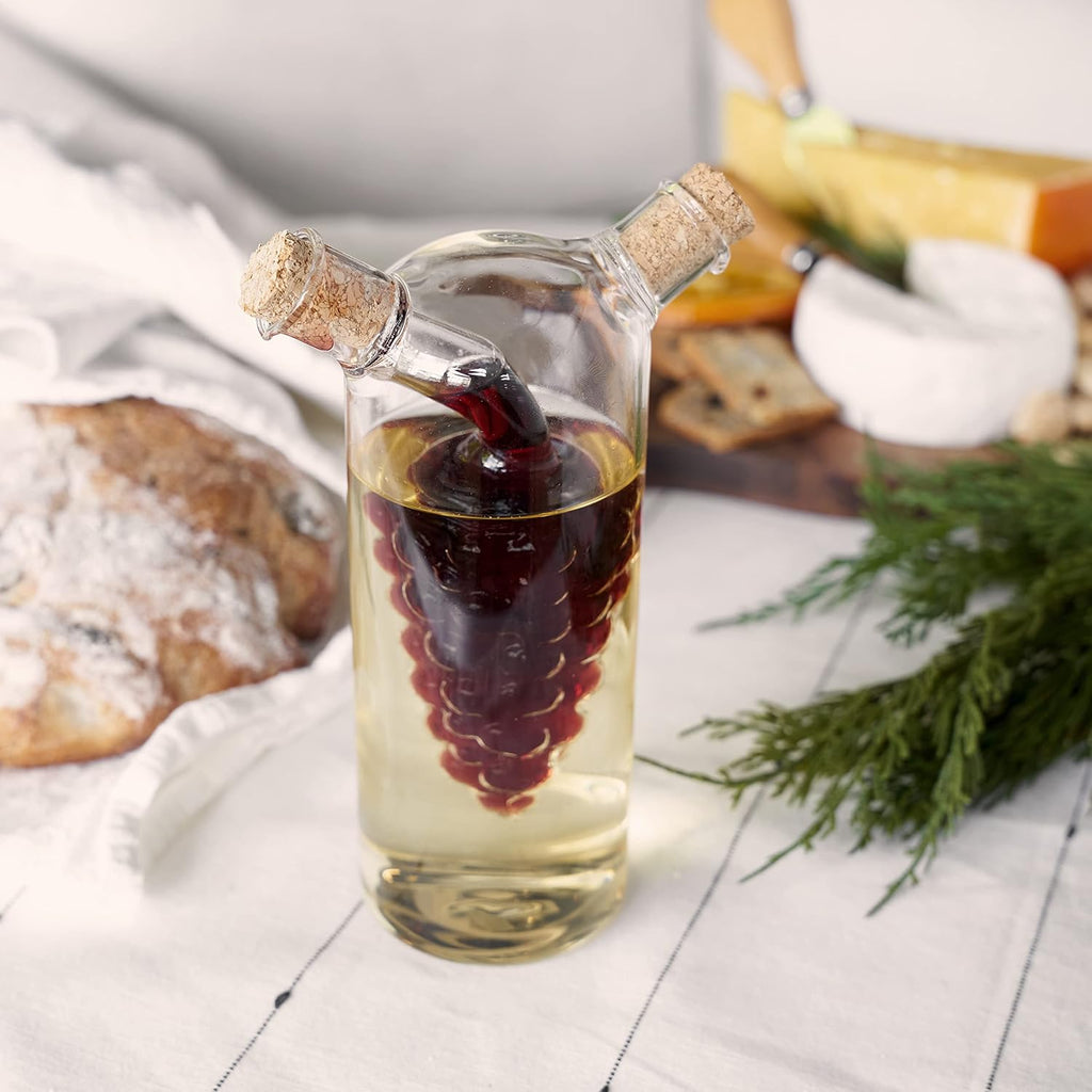 2-In-1 Oil and Vinegar Cruet Bottle with Cork Stoppers, Olive Oil and Balsamic Vinegar Dispenser, Hand Blown Glass