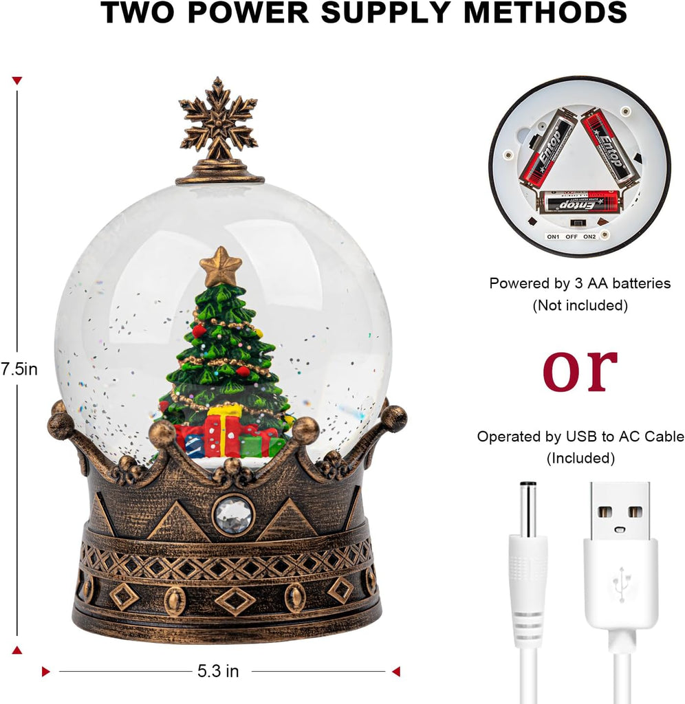 Christmas Snow Globe Lantern Water Glittering Christmas Tree Crown with Music, USB Lined/Battery Operated Lighted