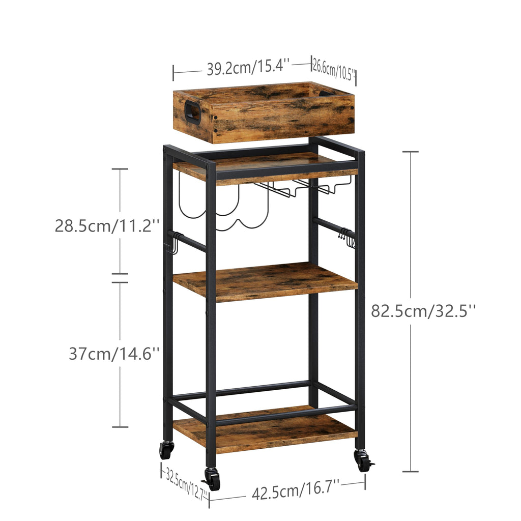 3 Tier Rolling Bar Cart with Wheels, Wine Cart with Removable Tray, Rustic Bar Carts Small, Drink Cart for Small