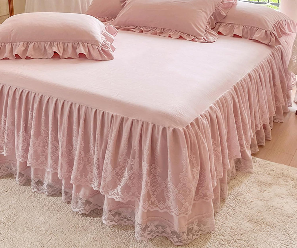 Romantic Summer Ruffled Bed Skirt with Sheet,Dust Ruffle Bedskirt with Two Lace Layers,17.7" Drop