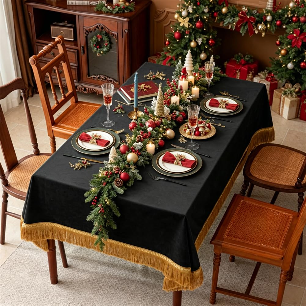 Black Velvet Tablecloth, Vintage Rectangular Table Cover, Luxurious Plush Velvet with Elegant Gold Tassel Trim