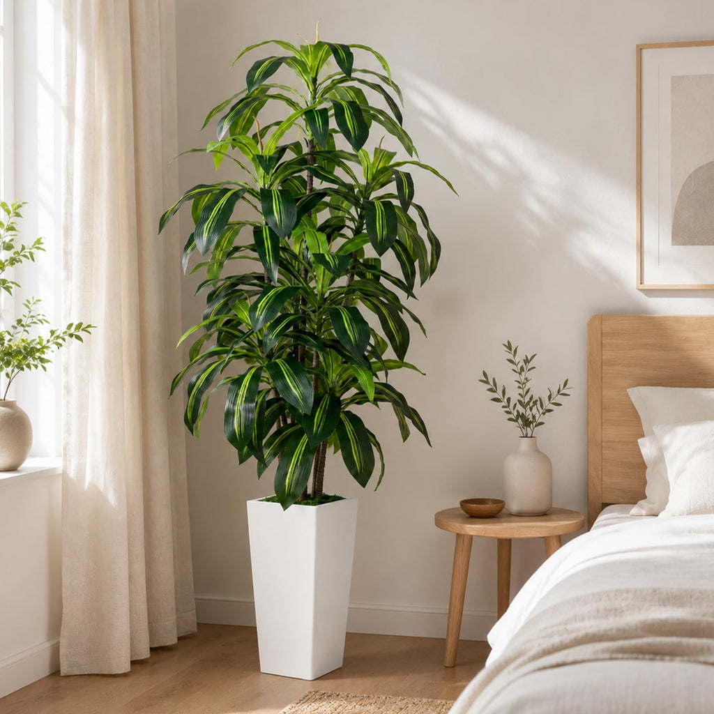 6FT Artificial Dracaena Tree, Fake Tree Indoor with White Tall Planter, Tall Artificial Plants Indoor, Artificial Silk