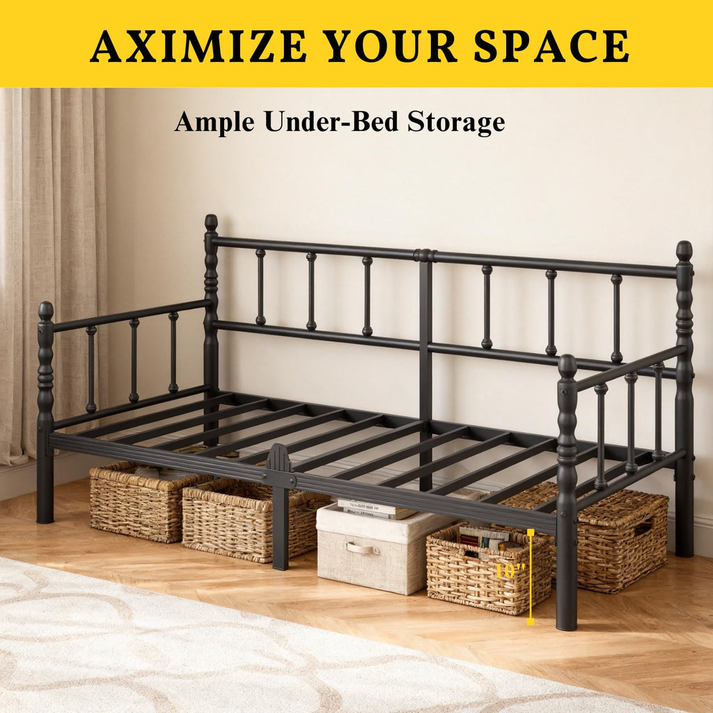12 Inch Twin Metal Daybed Frame with Vintage Headboard