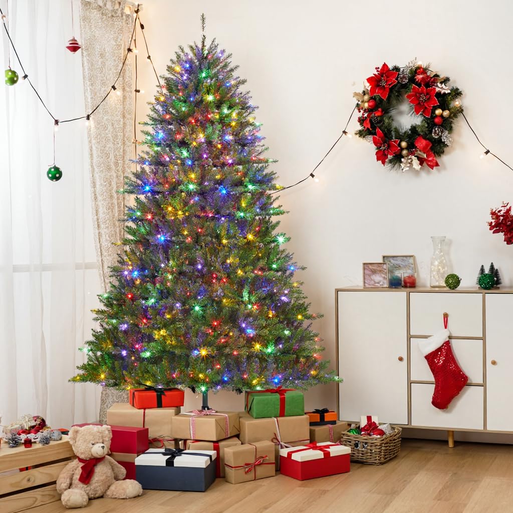 6ft Pre-Lit Artificial Spruce Christmas Tree with 450 Dual-Color LEDs, 1600 Thickened Branch Tips & 2 Lighting Modes