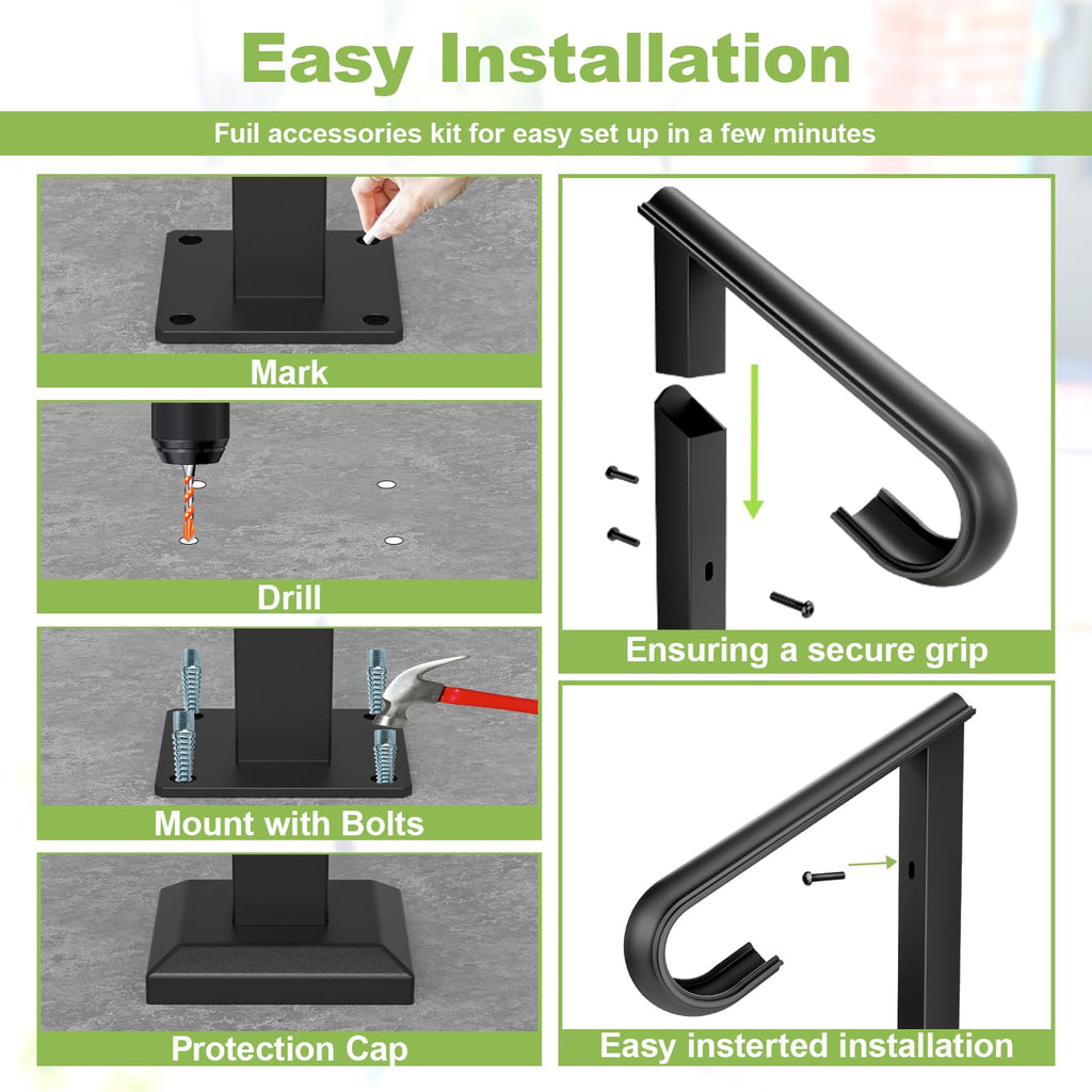 Single Step Handrail, 1 or 2 Steps Handrails for Outdoor Steps, Rust-Proof Wrought Iron Stair Railing for Seniors