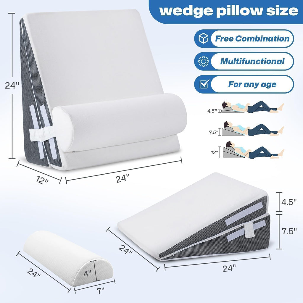 Cooling Wedge Pillow Set for After Surgery, 3-Piece Adjustable Memory Foam Bed Wedge Pillow for Sleeping - Acid