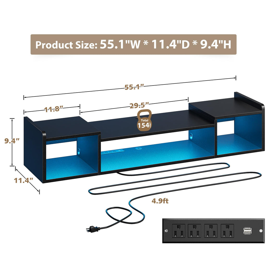 55.1" W Floating TV Stand with LED, Power Strip for 50/55/60/65" TV Black