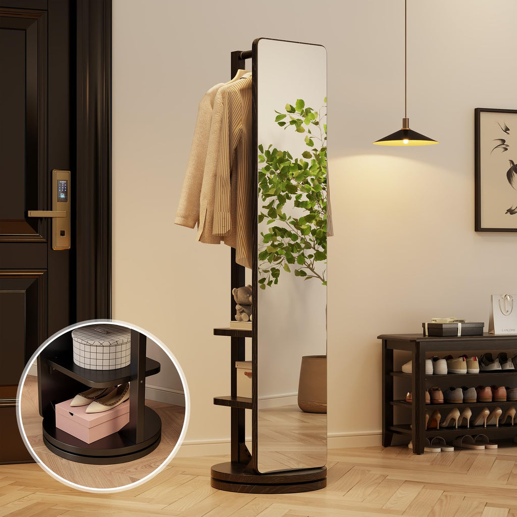 Full Length Mirror Coat Rack Solid Wood Floor Mirror 66"x12" Full Length Mirror with Stand Long Mirrors (Black, 66"