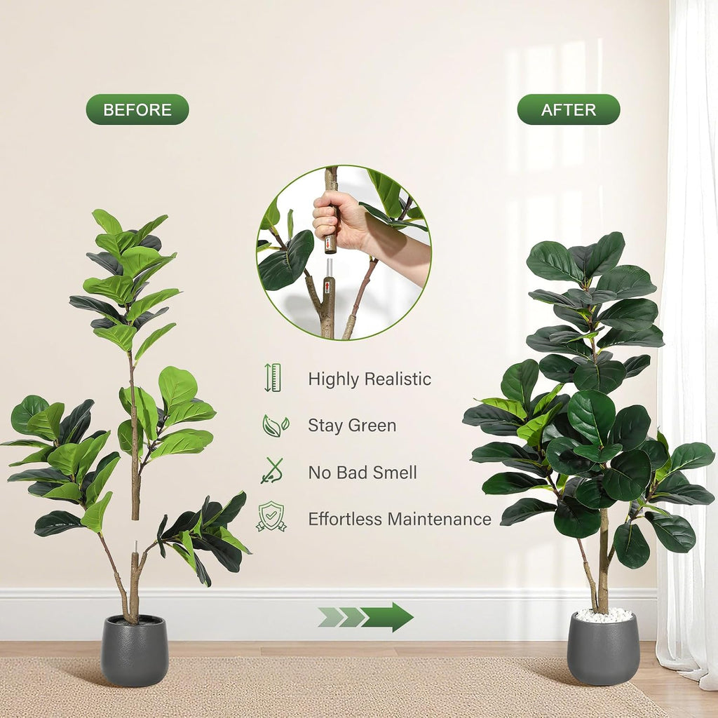 Lifelike Artificial Fiddle Leaf Fig Tree - Realistic Faux Ficus Lyrata with 77 Leaves - Indoor Decorative Plant