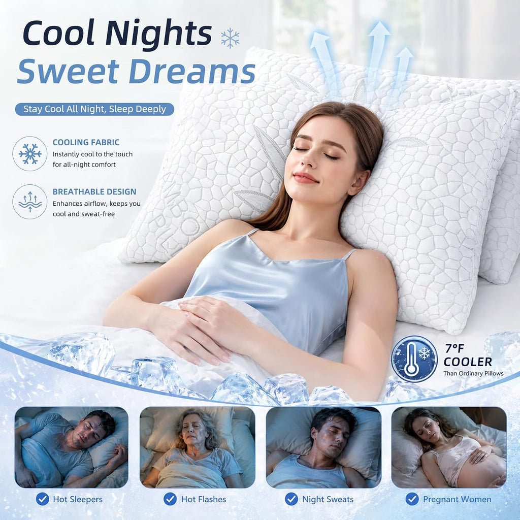 Bamboo Cooling Shredded Memory Foam Bed Pillows Queen Size Set of 2 | Plush Firm Support, Neck Pain Relief