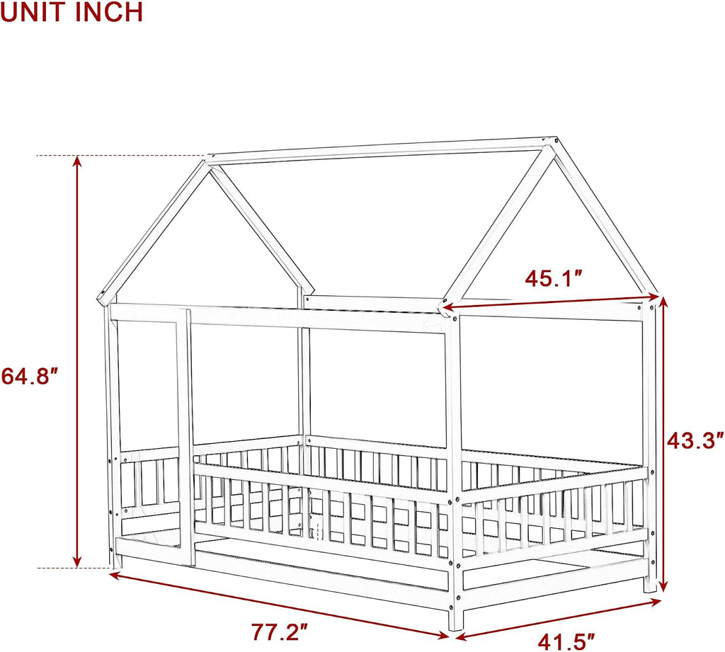 Montessori Floor Bed, White Wooden Canopy Bed, Pink