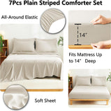 Queen Comforter Set Beige - 7 Pieces Striped Seersucker Bed in a Bag