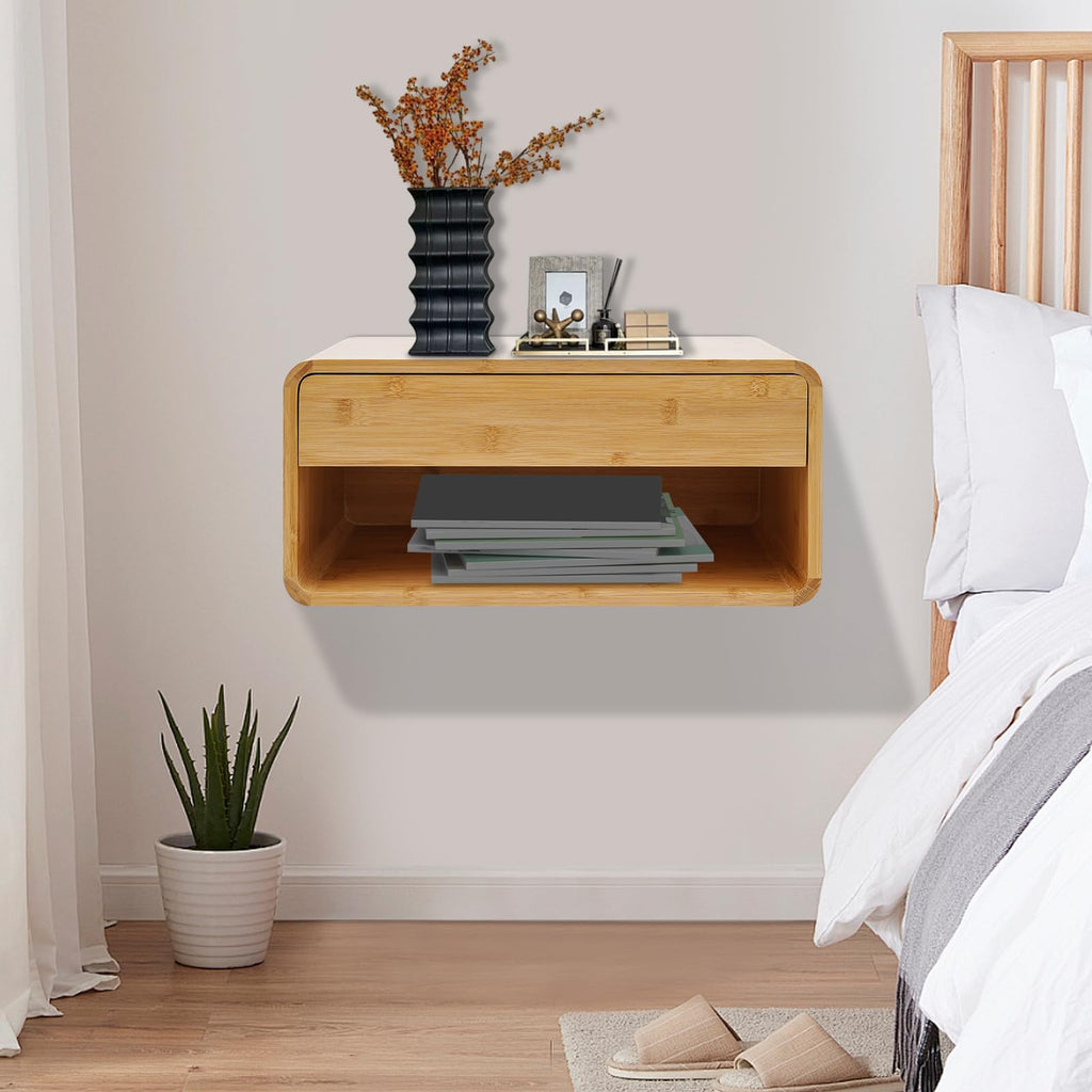 Bamboo Floating Nightstand with Storage Drawer, Wall Mounted Bedside Table End Tables with Open Shelf, Bedside