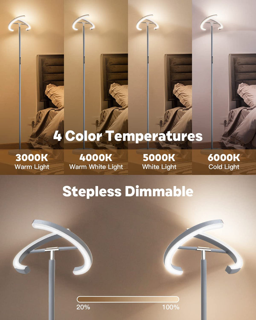 Silver Floor Lamps, Stepless Dimmable Standing Lamp with Touch Remote Control, 22W Rotatable LED Floor Light Tall