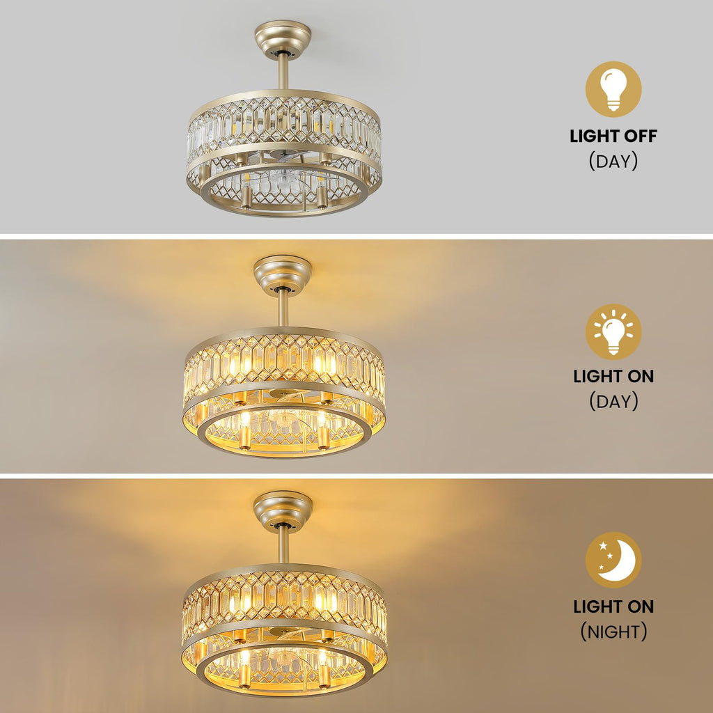 20" Gold Crystal Caged Ceiling Fan with Light, Modern Industrial Chandelier with Remote, 6 Speeds, Noiseless DC