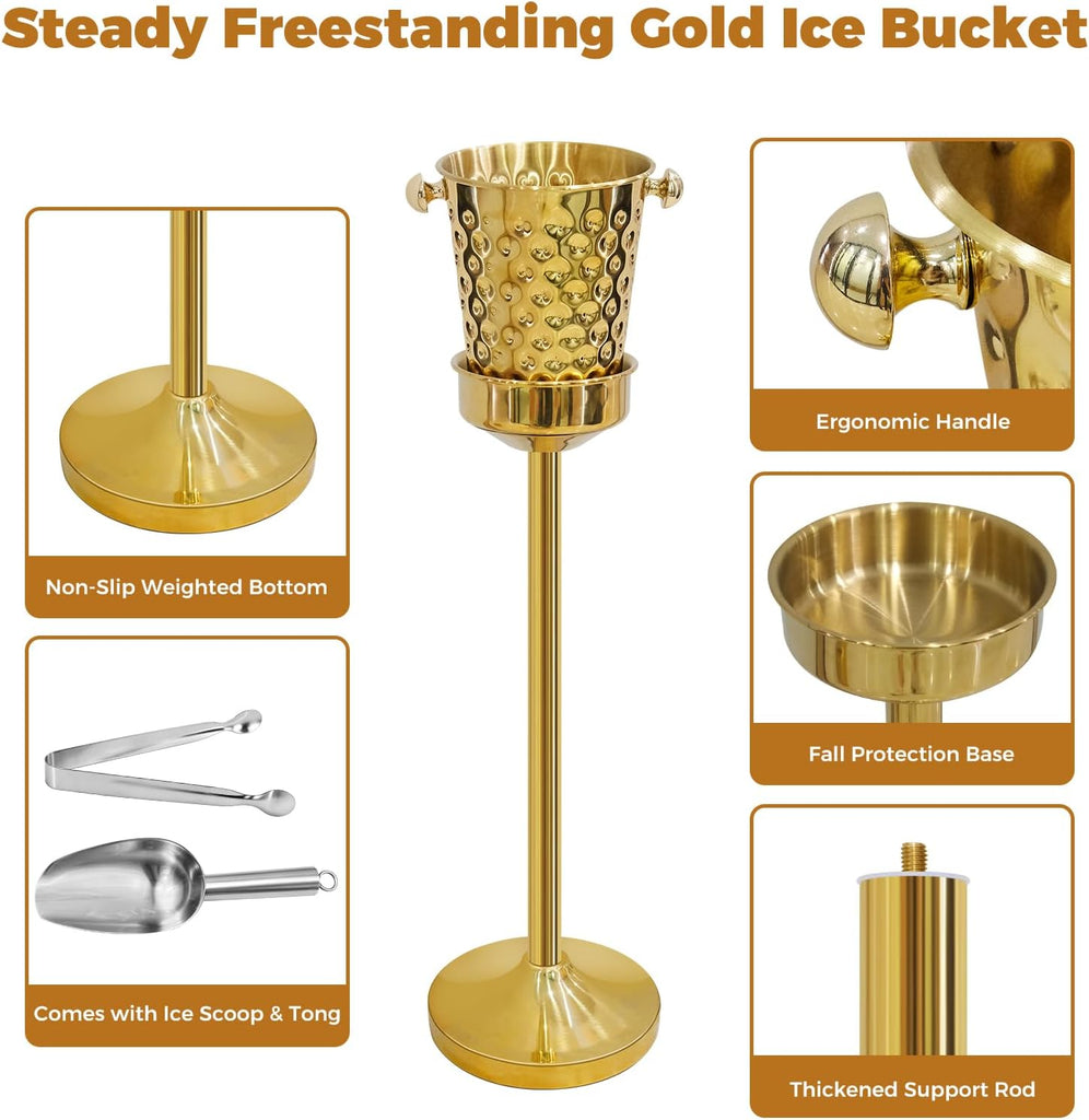 Gold Champagne Bucket with Stand, 5L Ice Bucket Wine Chiller, Stainless Steel Wine Bucket for Wedding BBQ Party Home