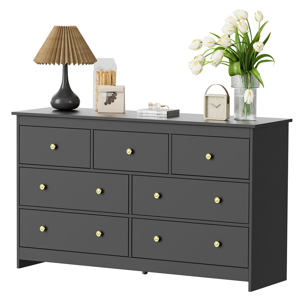 Black 7 Drawer Dresser, 55'' Wide Wood Chest of Drawers with Gold Handles, Modern Large Dressers Organizer, TV