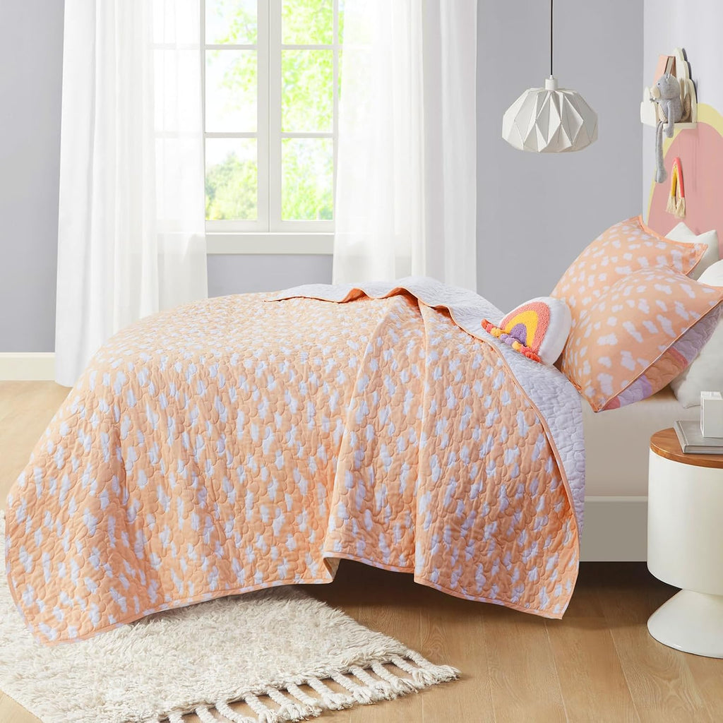 Kids Twin Quilt Bedding Set, Cotton Coverlet Sun Girls Bedding Set Rainbow & Clouds Reversible Dawn Light &