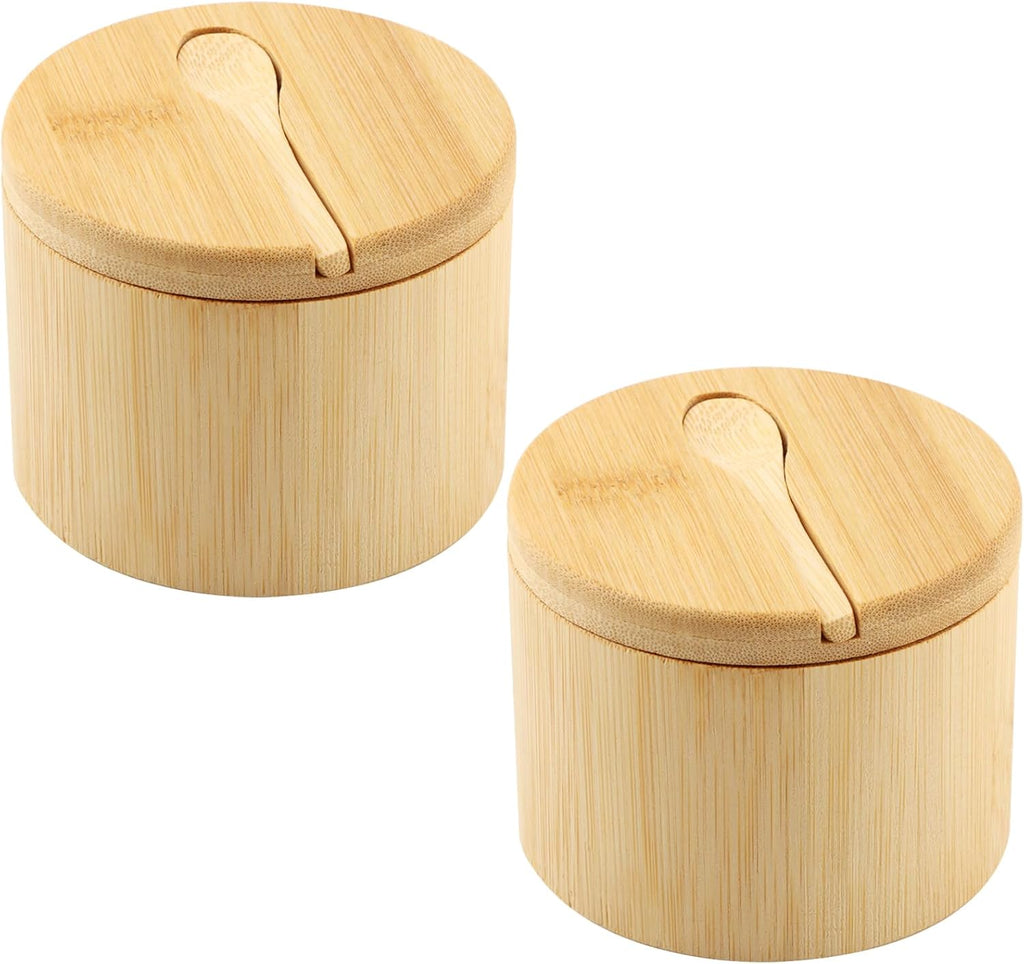 Bamboo Salt Cellar with Magnetic Swivel Lid & Spoon, Spice Box Bowl Storage Box Salt Container to Storage - Set of 2