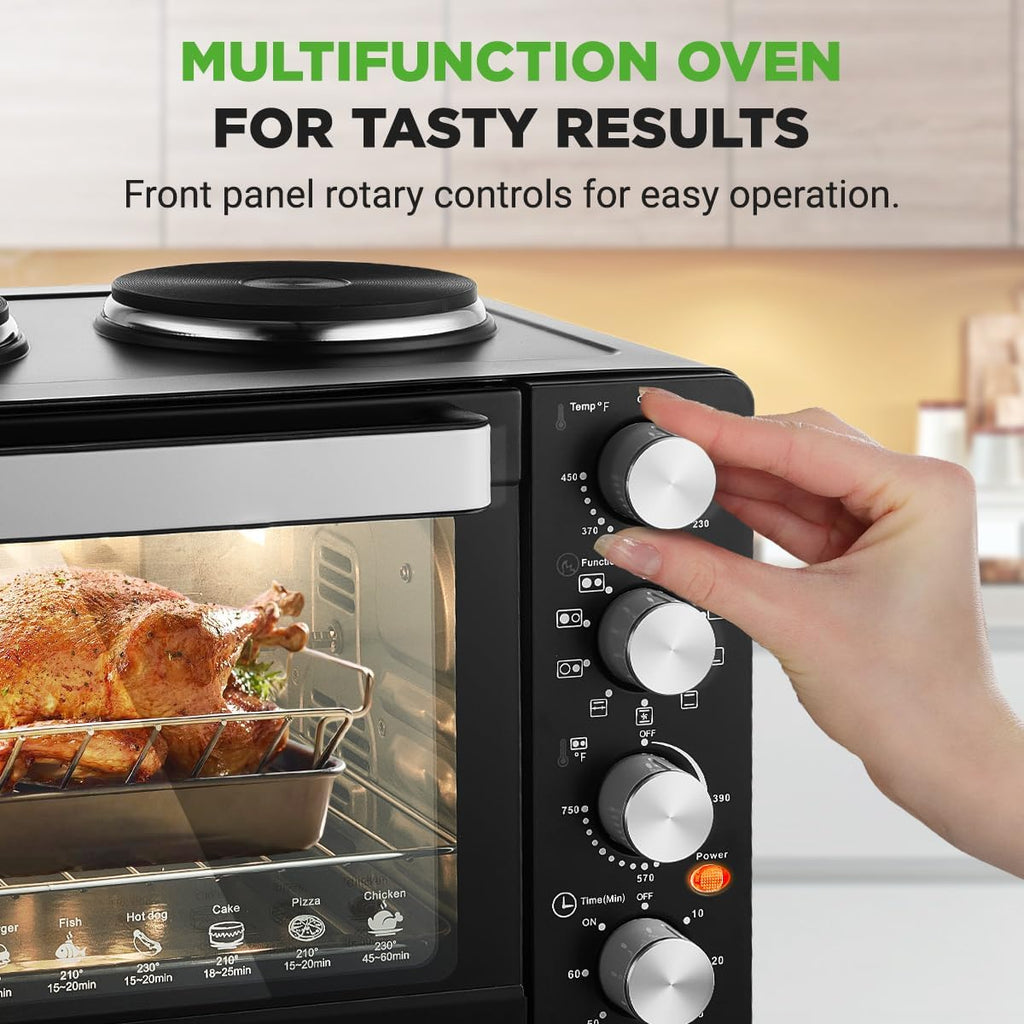 30 Quart Kitchen Convection Oven & 2 Burner Cooker - 1500 Watt Oven - 7 Cook Functions Rotisserie, Cook, Bake, Broil & More - Includes Baking Tray, Skewers & Handles - 19.6 x 16.0 x 13.5 IN