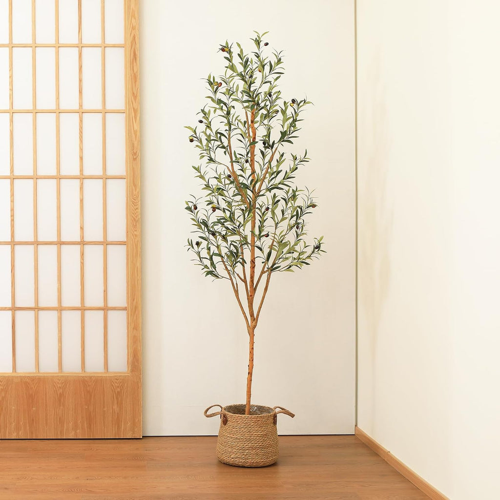 6FT Artificial Olive Tree, Real Wood Trunk & Silk Leaves