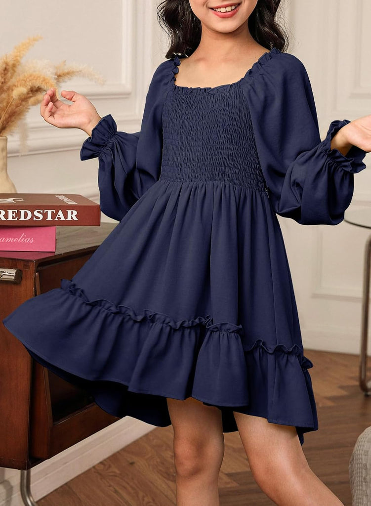Girls Long Sleeve High-Low Hem Dress Fall Boho Ruffle Casual