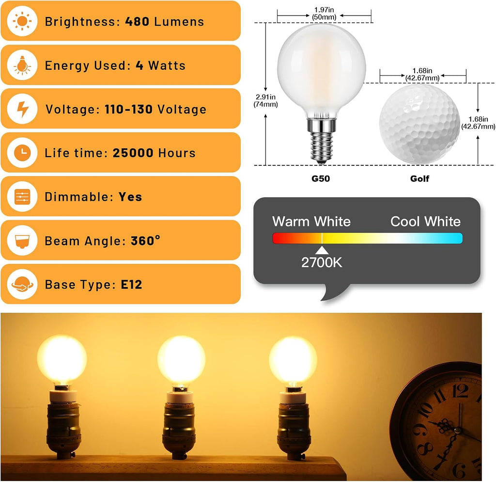 Dimmable E12 LED Bulb,40W Equivalent 4W Candelabra Light Bulbs,480LM