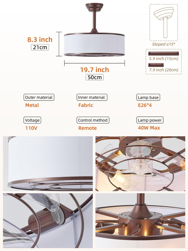 20" Brown Fandelier Ceiling Fan with Light, Caged Rustic Ceiling Fans with Lights Remote Control, Bladeless
