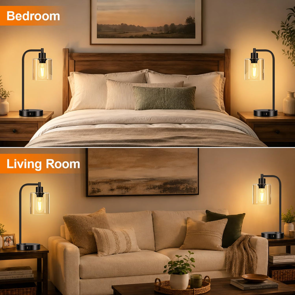 Set of 2 Industrial Touch Control Table Lamps with USB C+A Ports and AC Outlet - 3-Way Dimmable Black Bedside Lamps
