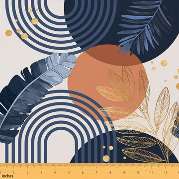 Navy Blue Orange Waterproof Outdoor Fabrics Boho Mid Century Fabric By The Yard Modern Minimalist Gold Leaves
