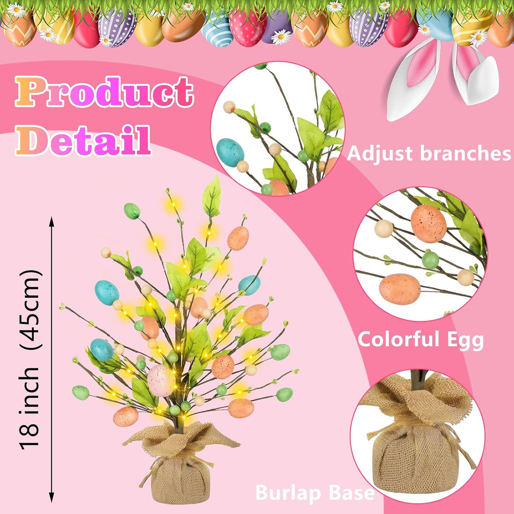 Easter Decorations, 18 Inch Easter Egg Tree with Timer Fairy Lights Colorful Egg Adjustable Branches Mini Tabletop