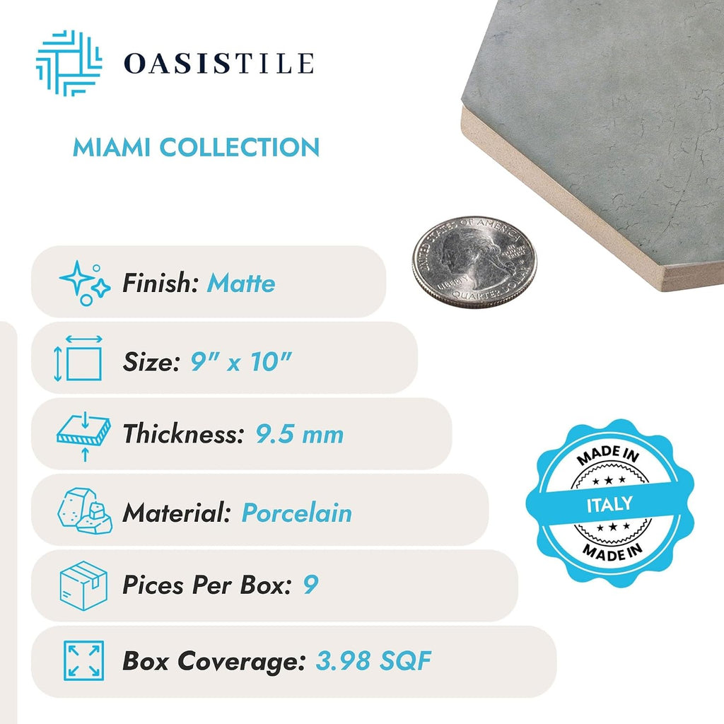 Oasis Tile Miami Hexagon Blue | 9x10 Matte Porcelain Tile | Durable blue matte hexagon porcelain for backsplashes