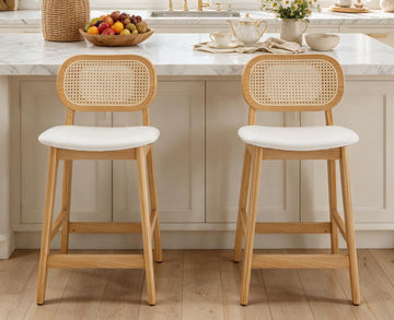 Rattan Counter Height Bar Stools Set of 2, Wood Farmhouse Barstools with Woven Back, Faux Leather Boho Upholstered