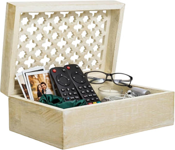 Trellis Mango Wood Storage Box - Whitewash, 9x6