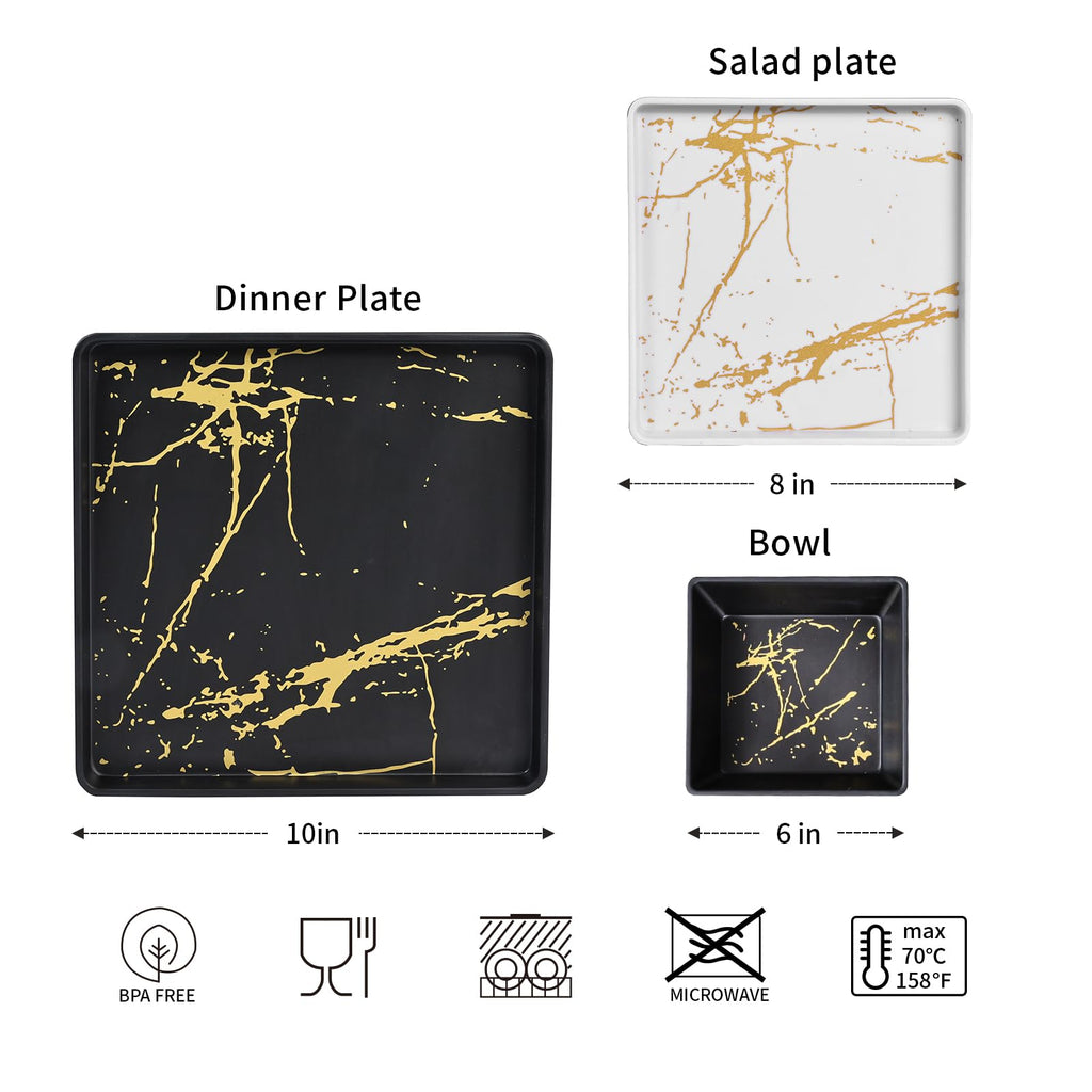 Square Melamine Dinnerware Sets of 12pcs - Black and White