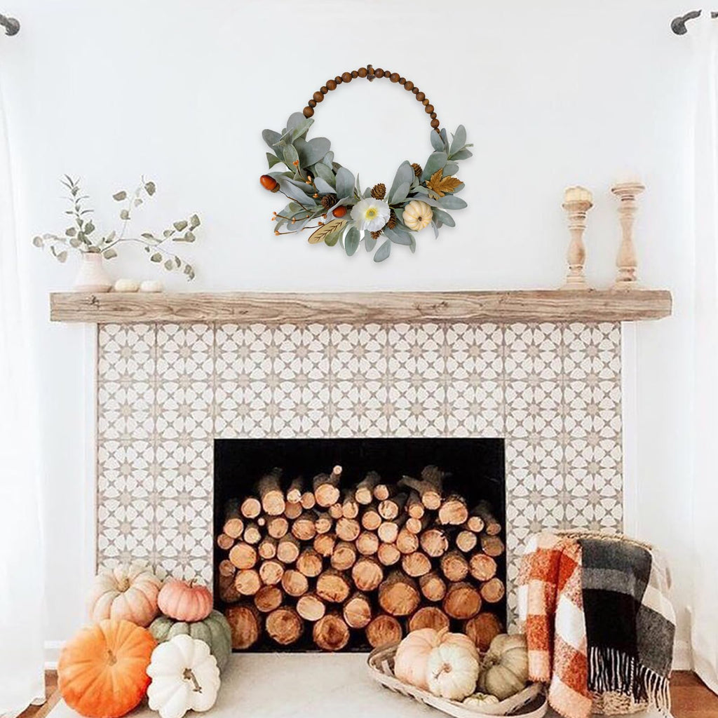 16" Fall Wood Bead Rabbit Ear Leaf Front Door Wreath, Artificial Pumpkin Wood Slice Fall Wreath Fall Harvest