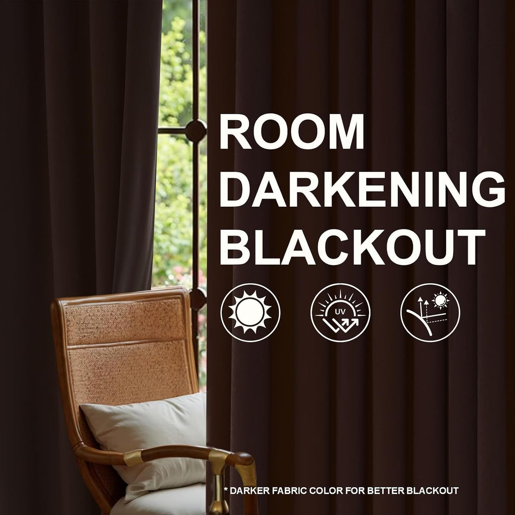 96 inches Long Brown Velvet Blackout Curtains for Living Room Bedroom Luxury Vintage Light Blocking Thermal Insulated