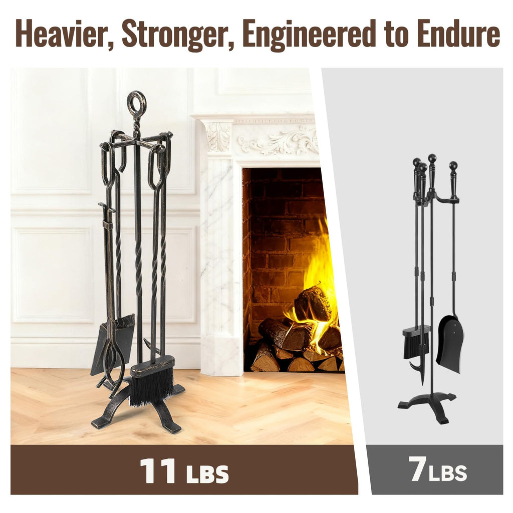 5 Pieces Fireplace Tools Sets Wrought Iron Fireplace Set Antique Brass Copper with Poker Tongs Broom Shovel Stand