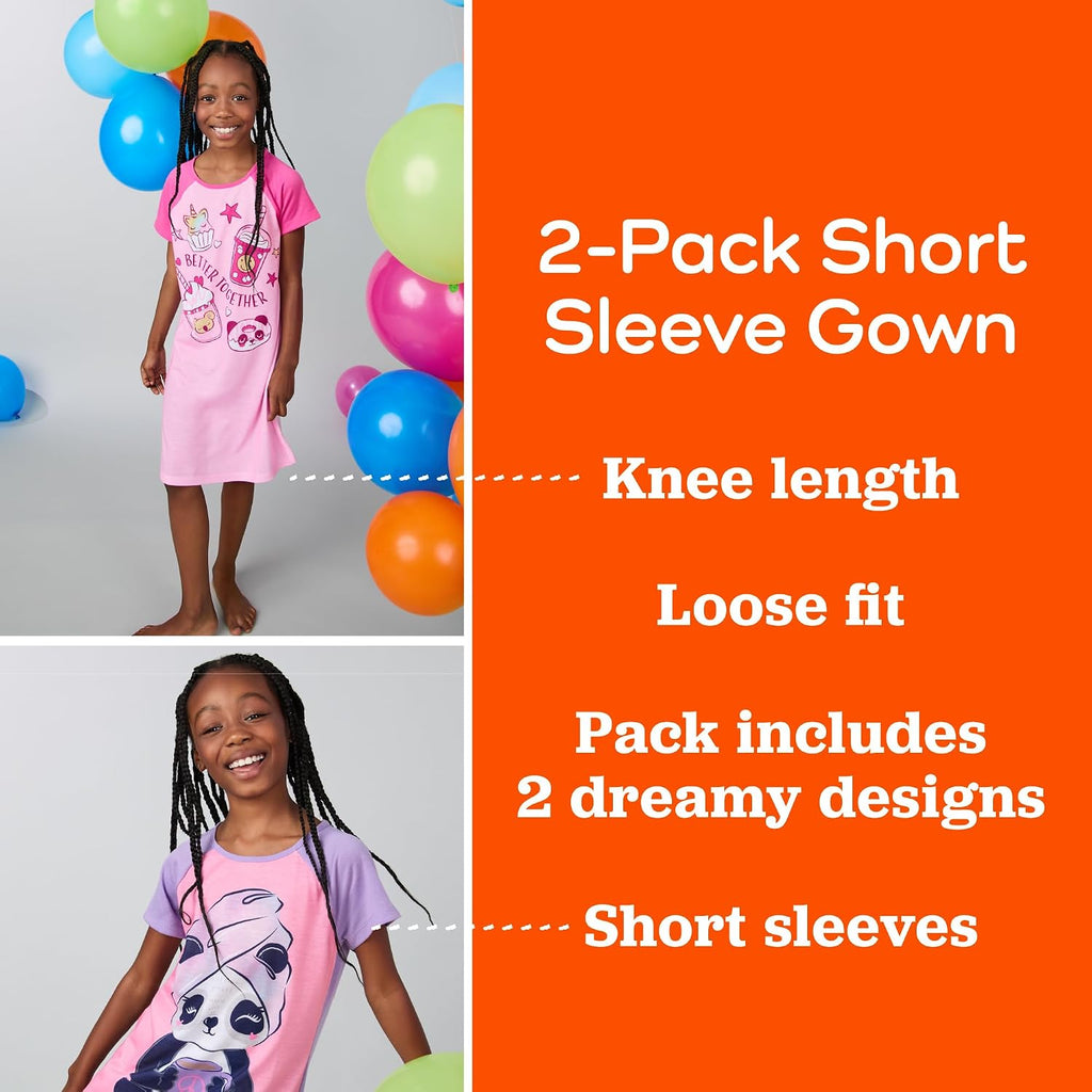 Kids Girls 2 Pack Nightgowns Pajamas Dress - Long or Short Sleeve
