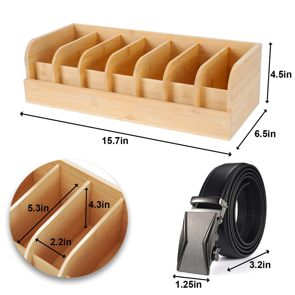 Belt Organizer, 7 Compartments Belt Organizer for Closet and Drawer, Bamboo Display Case for Tie and Belt, Belt