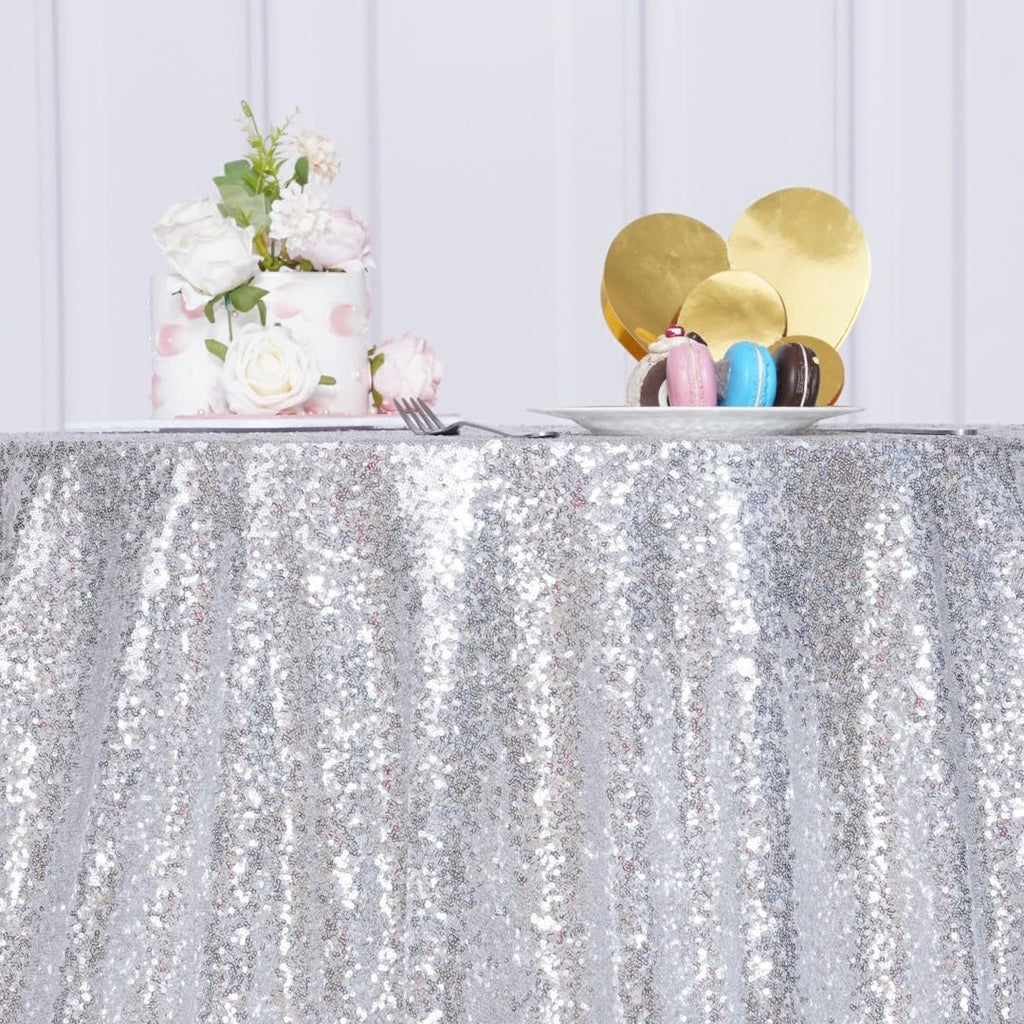 90 Inch Round Silver Sequin Tablecloth for Party Cake Dessert Table Exhibition Events