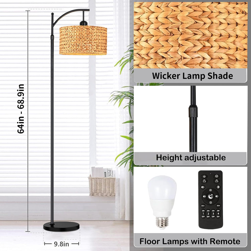 Floor Lamp Bedroom Farmhouse Arc Rattan Boho Standing Lamp with Remote Dimmable Black Wicker Bamboo Lamp Shade Floor
