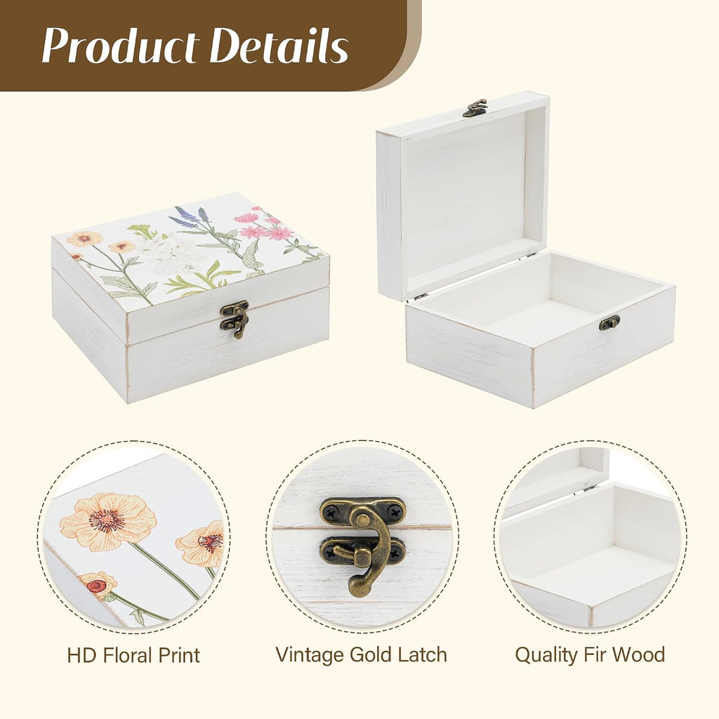 Small Decorative Box with Hinged Lid Wooden Handmade Keepsake Storage Box Floral Printed Jewelry Box Rustic Trinket