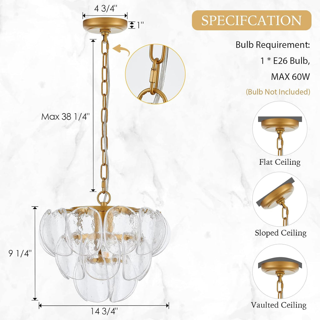 1-Light Modern Glass Pendant Light Gold Finish, Vintage Pendant Chandelier for Entryway, Unique Hanging Light Fixture